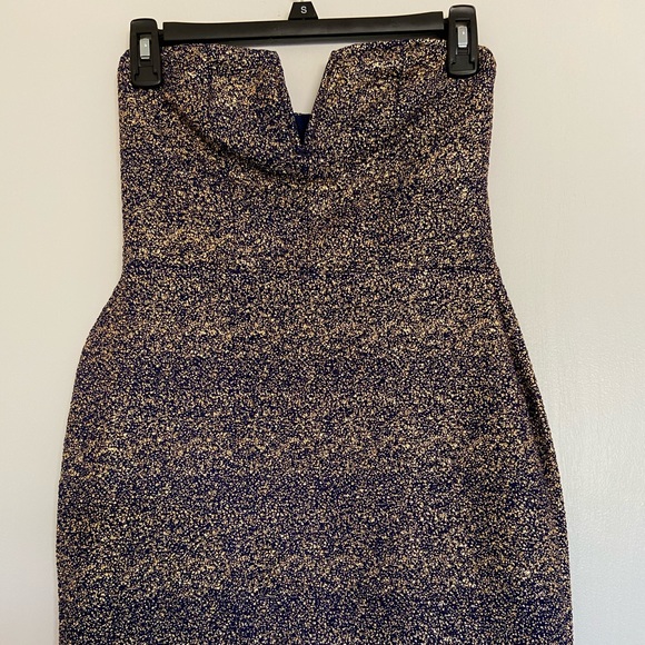 Strapless Blue and Gold Party Mini Dress - Picture 3 of 8